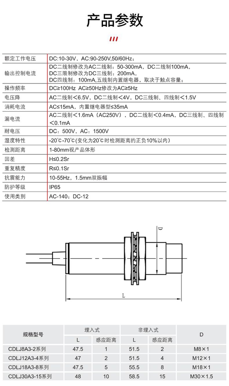 德力西接近開關CDJ10-I2A18(直徑18毫米)LJ18 德力西電感式傳感器 非埋入式安裝 圓柱螺紋型 輸出形式NPN/PNP可選 感應距離8mm 【定制產(chǎn)品】